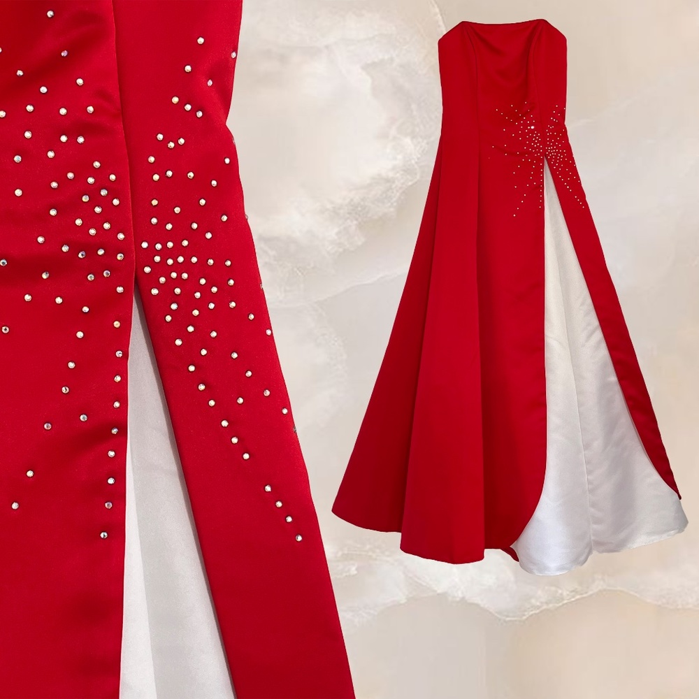 FIESTA Red & White Prom Formal Ball Gown Dress Juniors Women's XXS/XS Rhinestone